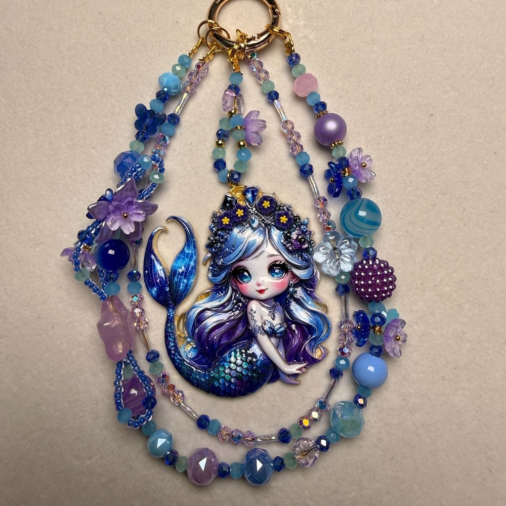 Blue Mermaid Phone Wristlet Keychain Beaded Fantasy Bag Charm Handmade